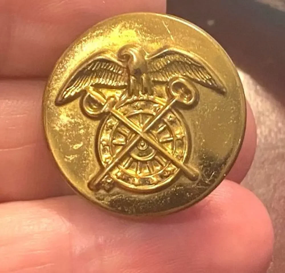Vintage US Army Quartermaster Eagle Sword Key Lapel, Hat or Collar Pin Brass